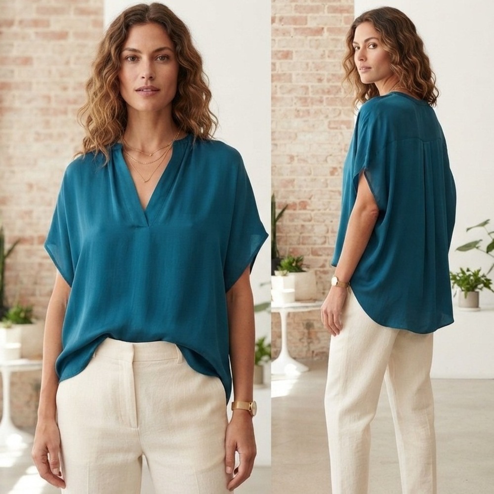 Vince Silk V-Neck Blouse Women Large Teal Blue Oversized Short Sleeve Minimalist